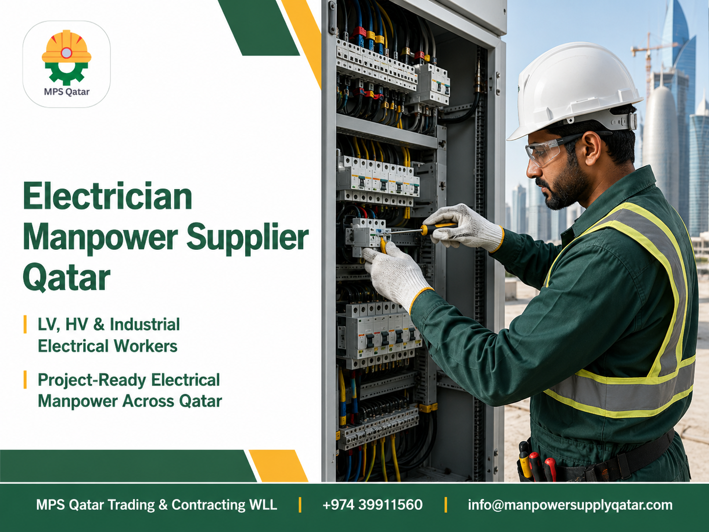 Electrician manpower supplier in Qatar – MPS Qatar technician working on an industrial electrical panel