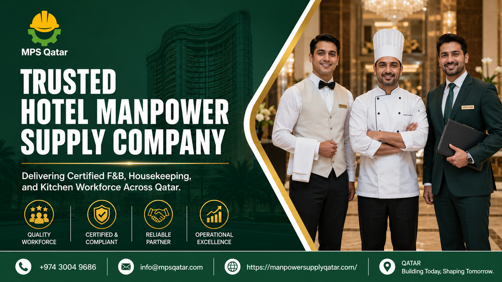 Professional male waiter, certified chef, and hotel operations manager standing in a luxury resort lobby managed by a leading hotel manpower supply company