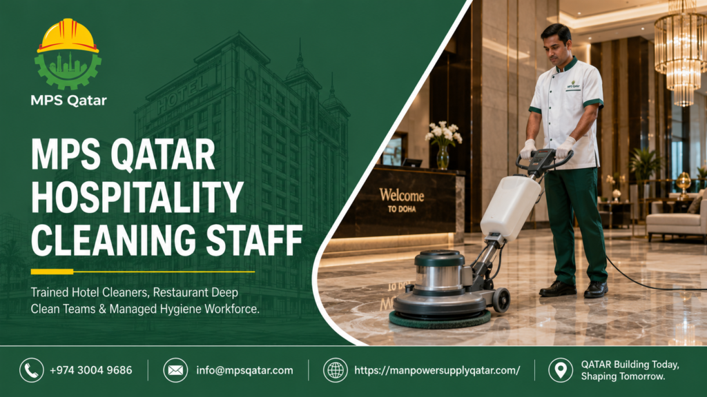 Professional male hotel cleaner operating a floor buffer machine in a luxury lobby managed by MPS Qatar a trusted cleaning staff supplier in Qatar hospitality