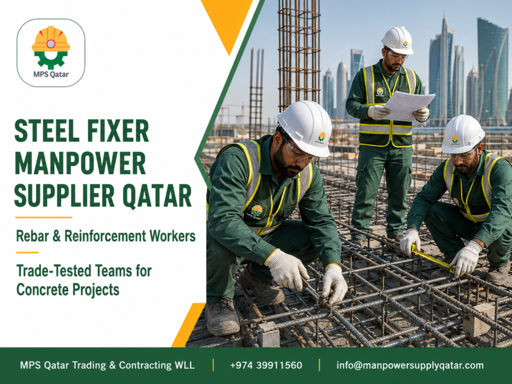 Steel Fixer Manpower Supplier Qatar team tying rebar for reinforced concrete work
